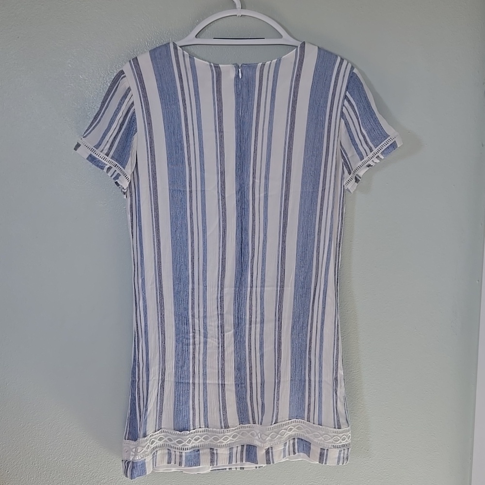 Lulus | Ardell Blue and White Striped Embroidered Shift Dress Size Medium - Picture 5 of 12